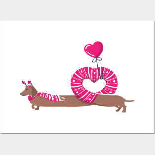 Dachshunds long love // fuchsia pink hearts scarves sweaters and other Valentine's Day details brown funny weiner dog puppy Scale + Placement Primary Tag Posters and Art